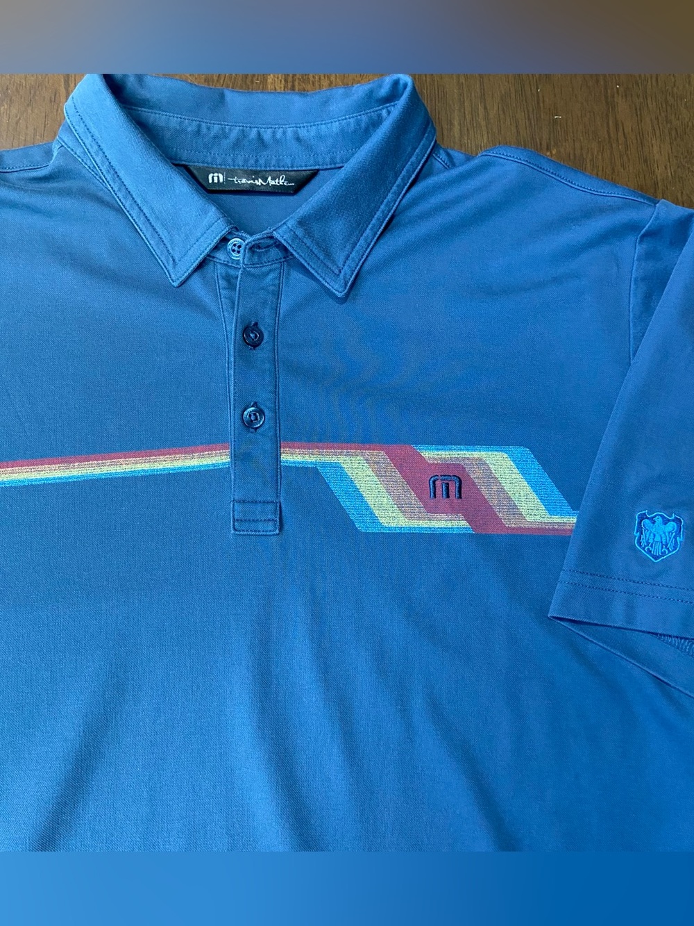 TravisMathew Short Sleeve Golf Polo Shirt Mens XL Blue Graphic Chest Stripe